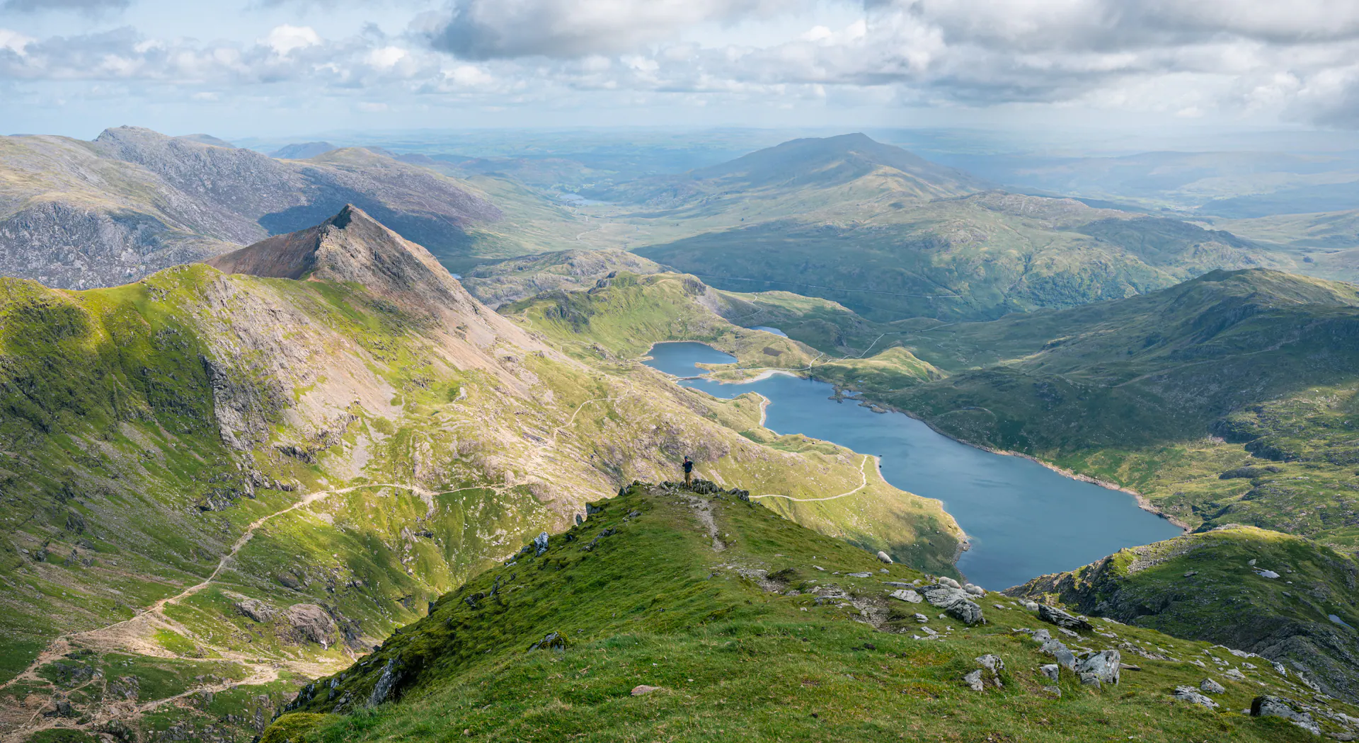 Mountain ridges and lakes seen from near the summit of Yr Wyddfa in Eryri